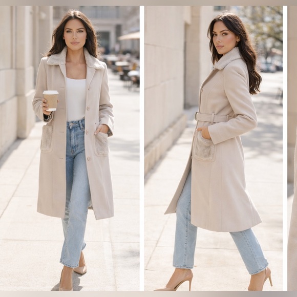 Jackets & Blazers - 701. Tan layering coat elegant faux fur pocketed peacoat spring jacket